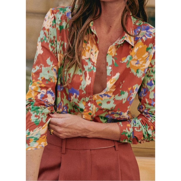SEZANE NWT Rust Orange Green Abstract Floral Printed Button Down Pierro Shirt 38 - Picture 1 of 11